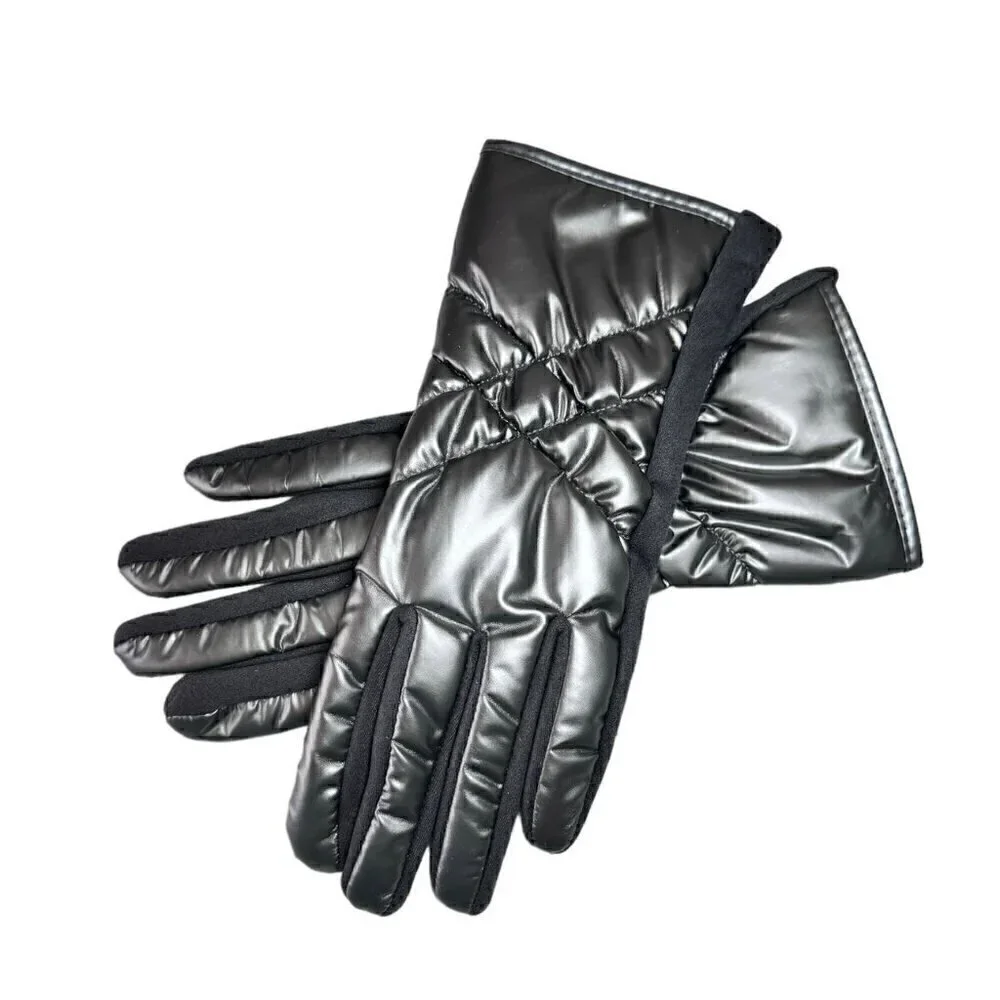 NEW Winter Puffer Gloves Sz.M 7 Gray Metallic Nylon Fleece Touchscreen Friendly
